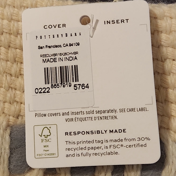 NWT Pottery Barn Reed Striped Lumbar Pillow and Insert - Picture 5 of 7